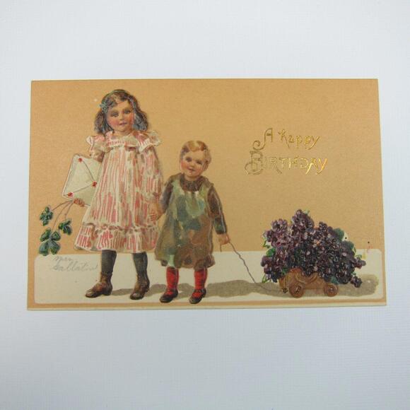 Postcard Birthday Greeting Antique Boy & Girl Purple Pansy Flowers Clover & Card - Picture 1 of 12